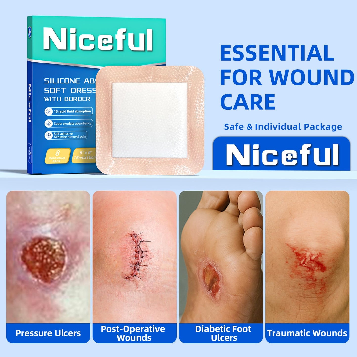 Niceful 6" x 6" Silicone Super Absorbent Wound Dressing - Gentle Border Large Bandages for Pressure Ulcer, Surgical Wounds, Heavy Exudate Wound Care Pads (8 Count)