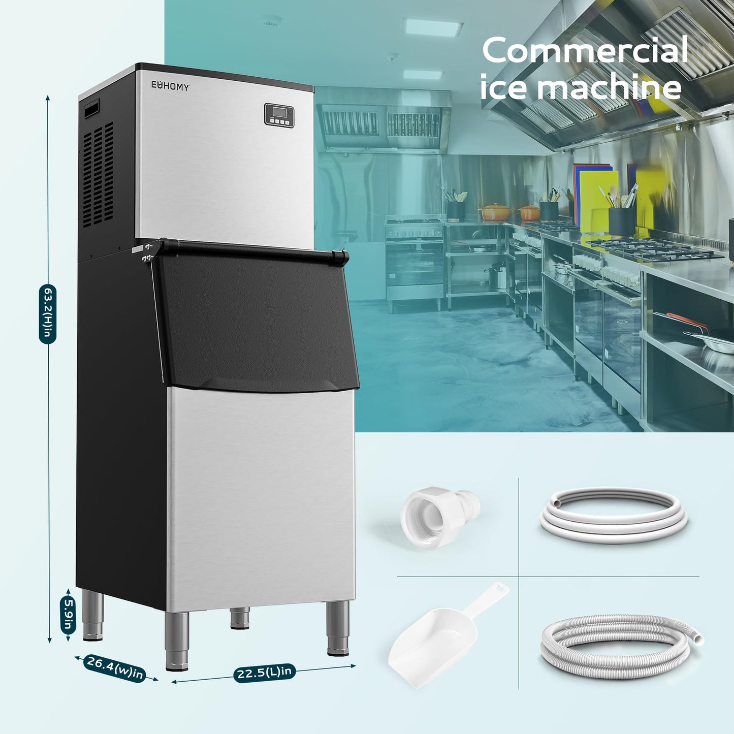 EUHOMY Commercial Ice Maker Machine 400Lbs/24H, Industrial Ice Machine ETL Approval 250 Lbs Storage Bin, Ice Ready in 8-15 mins, Stainless Steel Clear Ice Cube Maker for Bar/Cafe/Restaurant/Business
