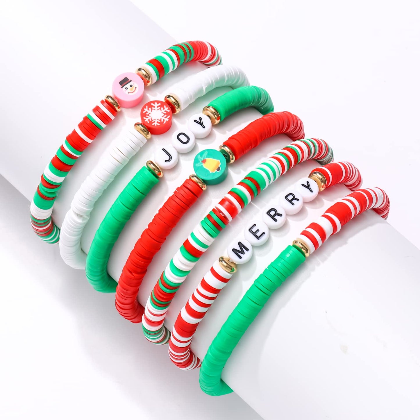 FAERLIIRY Christmas Beaded Bracelets Heishi Surfer Bracelets for Women MERRY JOY Xmas Polymer Clay Stretch Bracelets Stackable D