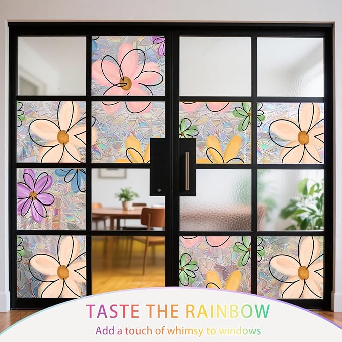 Daisy Flower Stained Glass Window Film Static Cling with Tools - 35.4 x 78.7 Inch Non-Adhesive Privacy Decorative Cute Rainbow Film for Windows, Doors, Sidelights - Easy Install & Remove