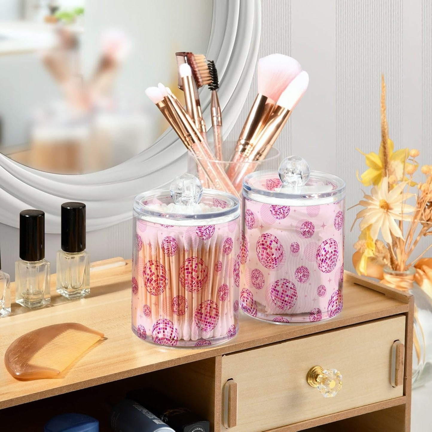 2 Pack Qtip Holder Organizer Dispenser Disco Balls Pink Bathroom Storage Canister Cotton Ball Holder Container for Cotton Pads/Swabs/Floss