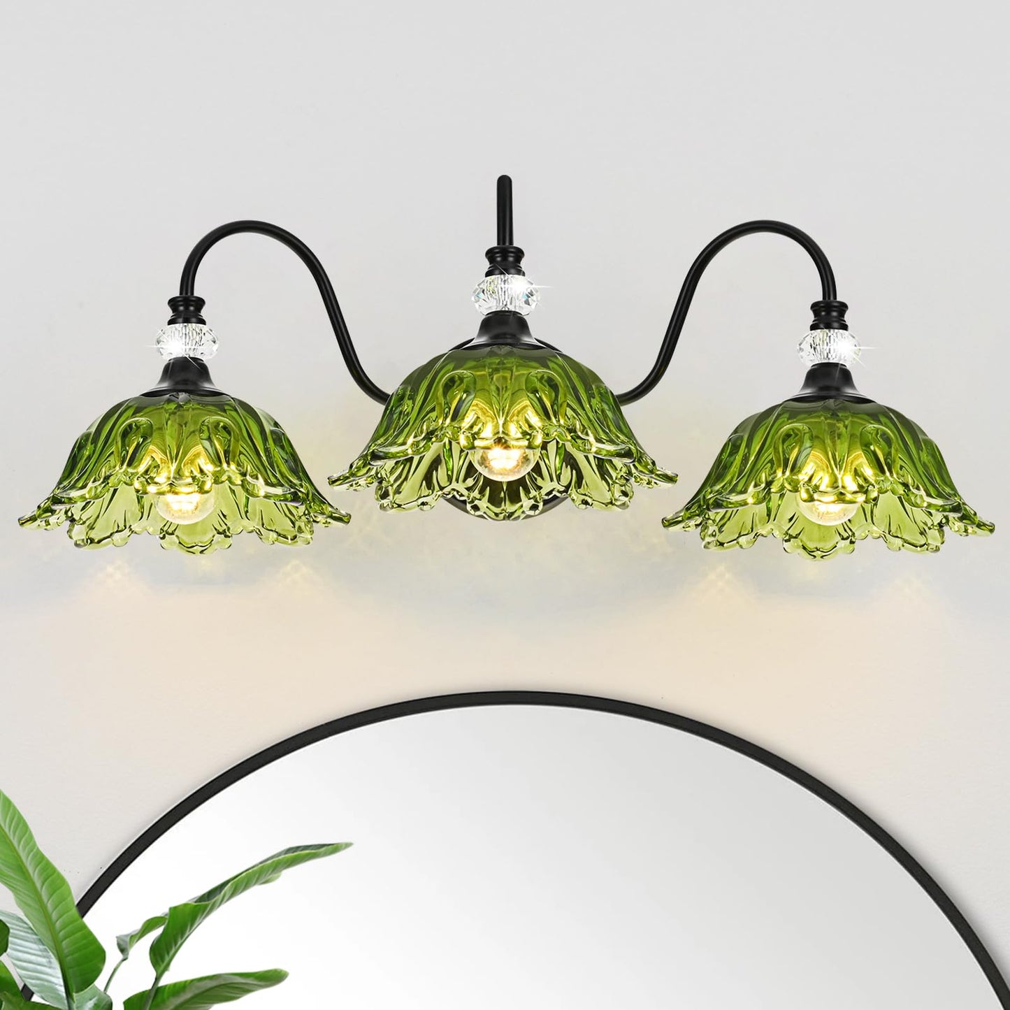 Sunkryster Black Bathroom Vanity Light 3-Light Vanity Light With Floral Green Glass Shades Vintage Farmhouse Wall Mount Lighting For Bathroom  Dressing Table