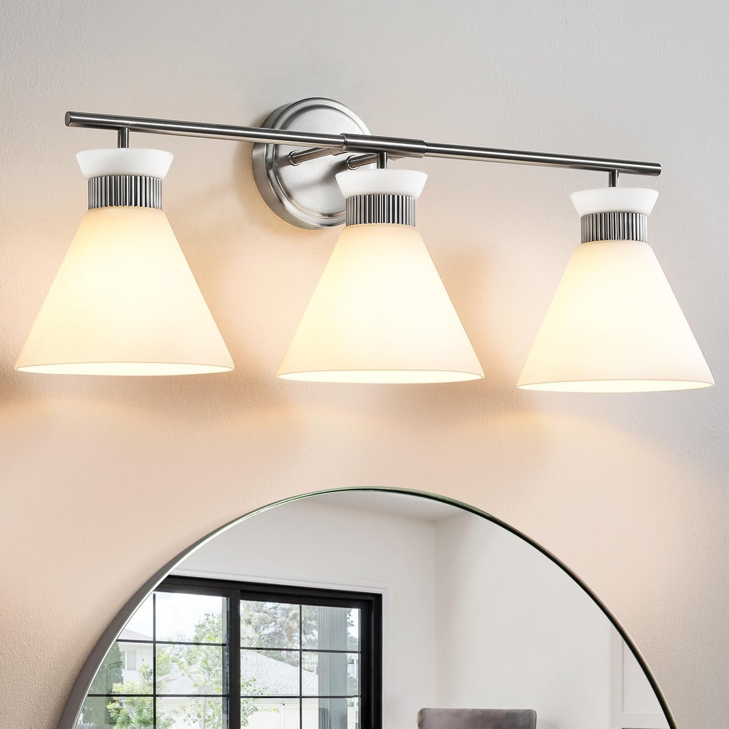 Woshitu Nickel Bathroom Vanity Light Fixtures: Vanity Lighting Fixtures Over Mirror 23.4 Inch With Milky White Frosted Glass  3-Lights Vanity Light Above Mirror Bathroom Wall Light(Exclude Bulb)