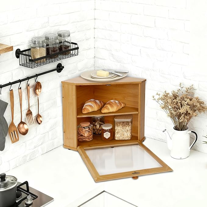 Bamboo Corner Bread Box for Kitchen Countertop, Log Bread Storage Box, Double-Layer Round Wooden Breadbox with Acrylic Transparent Window installed under cabinets, Store Various Foods and Items