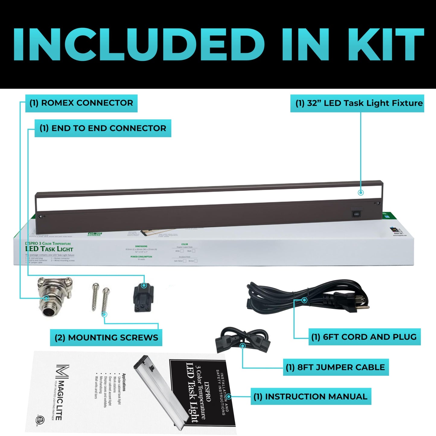 Led Under Cabinet Lighting Hardwired - Linkable Undercabinet Lights For Kitchen - 3Cct 32 Inch Bronze Finish - Undercounter Dimmable Plug In Light Or Hard Wired - Under Counter Fixture Direct Wire