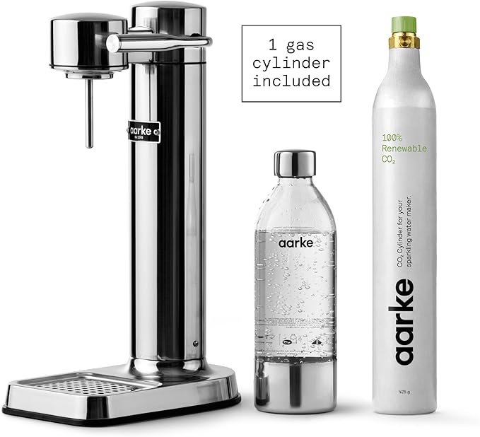Aarke Carbonator lll with CO2 Cylinder, Sparkling & Carbonation Water Machine, Stainless Steel with PET BPA-Free Reusable Bottle Volume 1L/34 fl oz (Stainless Steel)