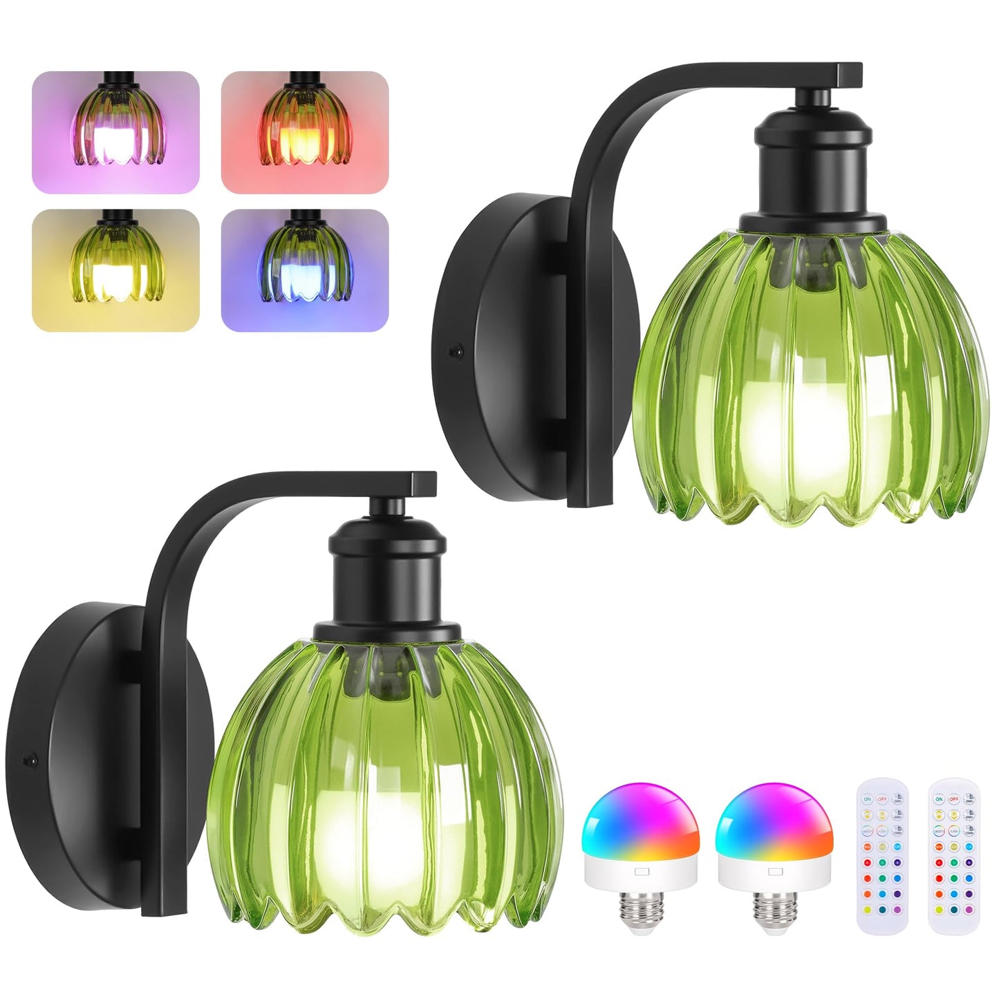 VerRon Rechargeable Wall Sconce Set of Two, Green Glass Lampshade, Wireless, Remote Control, 15 Colors, 2-Pack, Model B05092P(2PK)