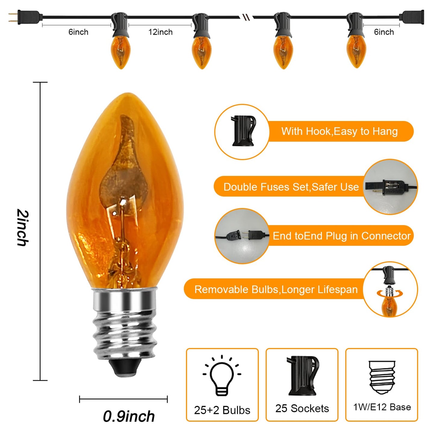 Abeja Orange Halloween Lights  25Ft Orange Flickering Lights String With 27 Flame Incandescent Blubs  Halloween Waterproof Flicker Lights For Spooky Thanksgiving Party Decor