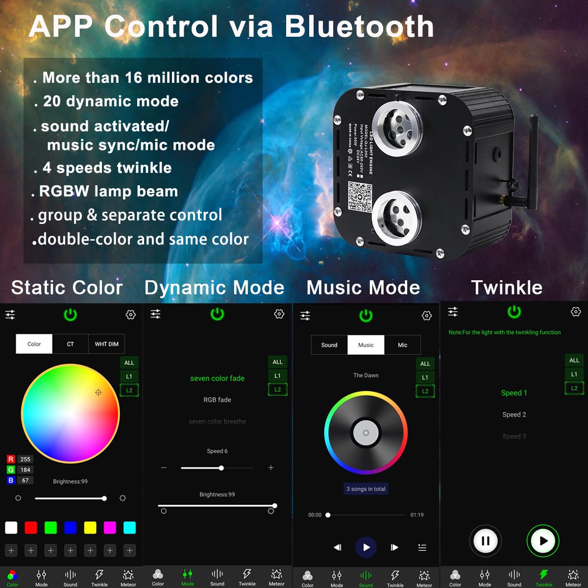 AZIMOM Dual Color Twinkle Fiber Optic Starlight Kit, 50W, 1330pcs, 16.4ft, Aluminum, Black, Model QJ-L050, Sound