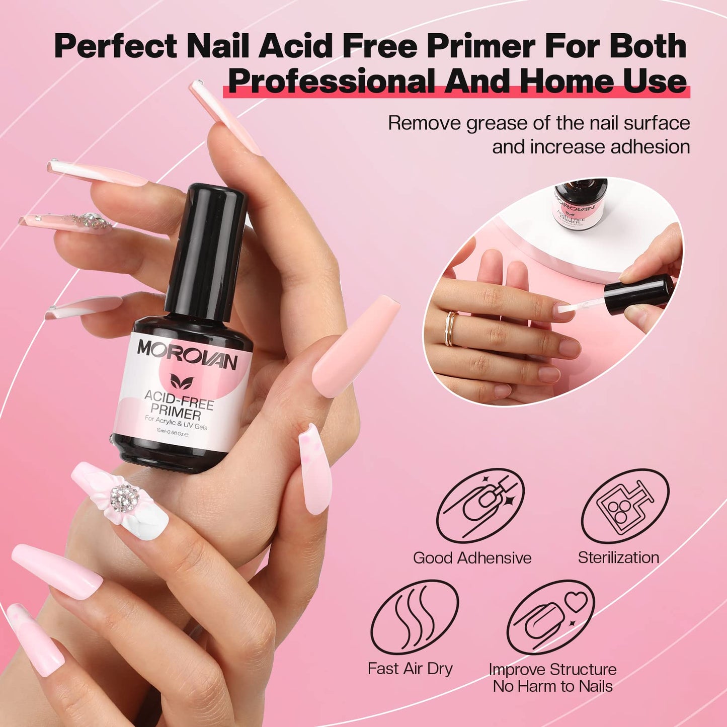 Morovan Acid Free Nail Primer - Professional Nail Primer for Acrylic and Gel Nail Polish No Lift Prep Bond 0.5 oz No Burn Fast A