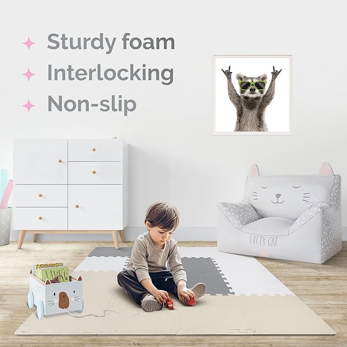 TOYVELT Foam Puzzle Floor Mat for Kids 12x12-16 Interlocking Play Mat Tiles with Colors - Educational Large Puzzle Foam Floor Tiles for Crawling, Non-Toxic - Cream-Gray-Beige
