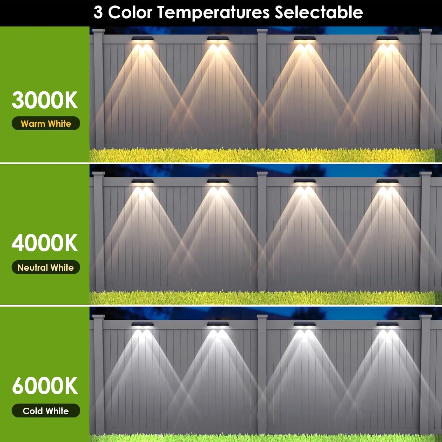 LIANGLOME Solar Fence Lights - Waterproof LED, 3000/4000/6000K, IP65, 12 Pack, Plastic, Model 2301-12PK-CC
