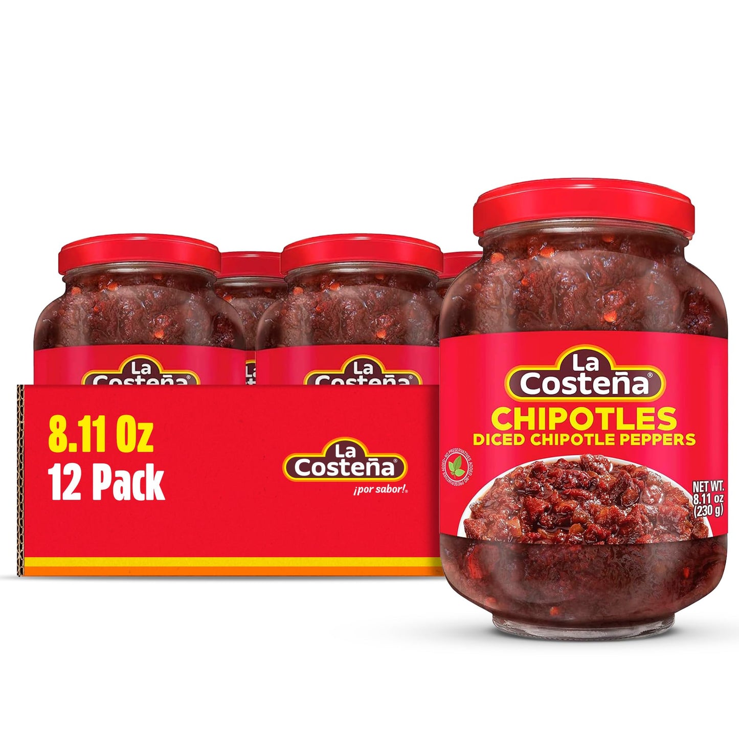 La Costea Chipotle Peppers - Spicy Smoked Diced Peppers for Chipotle Sauce  Adobo Sauce  Mexican Food  Taco  Enchiladas & Salsa - Pickled Vegetables - Diced Chilis - 8.11oz  12 Pack Jarred Vegetables