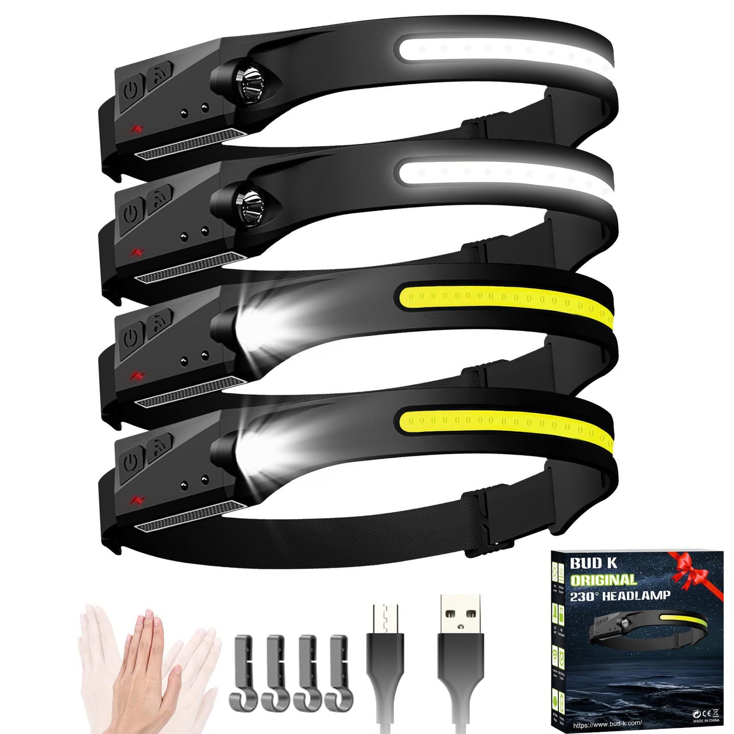 Bud K Rechargeable Headlamp 1200 Lumens LED 6 Modes Motion Sensor 4 Pack Black