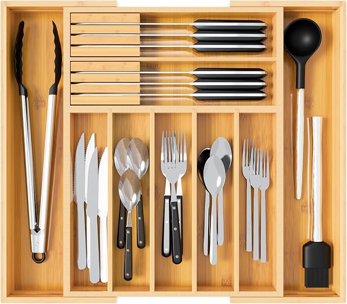 Bamboo Silverware Drawer Organizer, Expandable 13" to 20" Wide Kitchen Utensil Holder with 2 Knife Blocks, 7-9 Slots Cutlery Tray for Flatware (Natural)