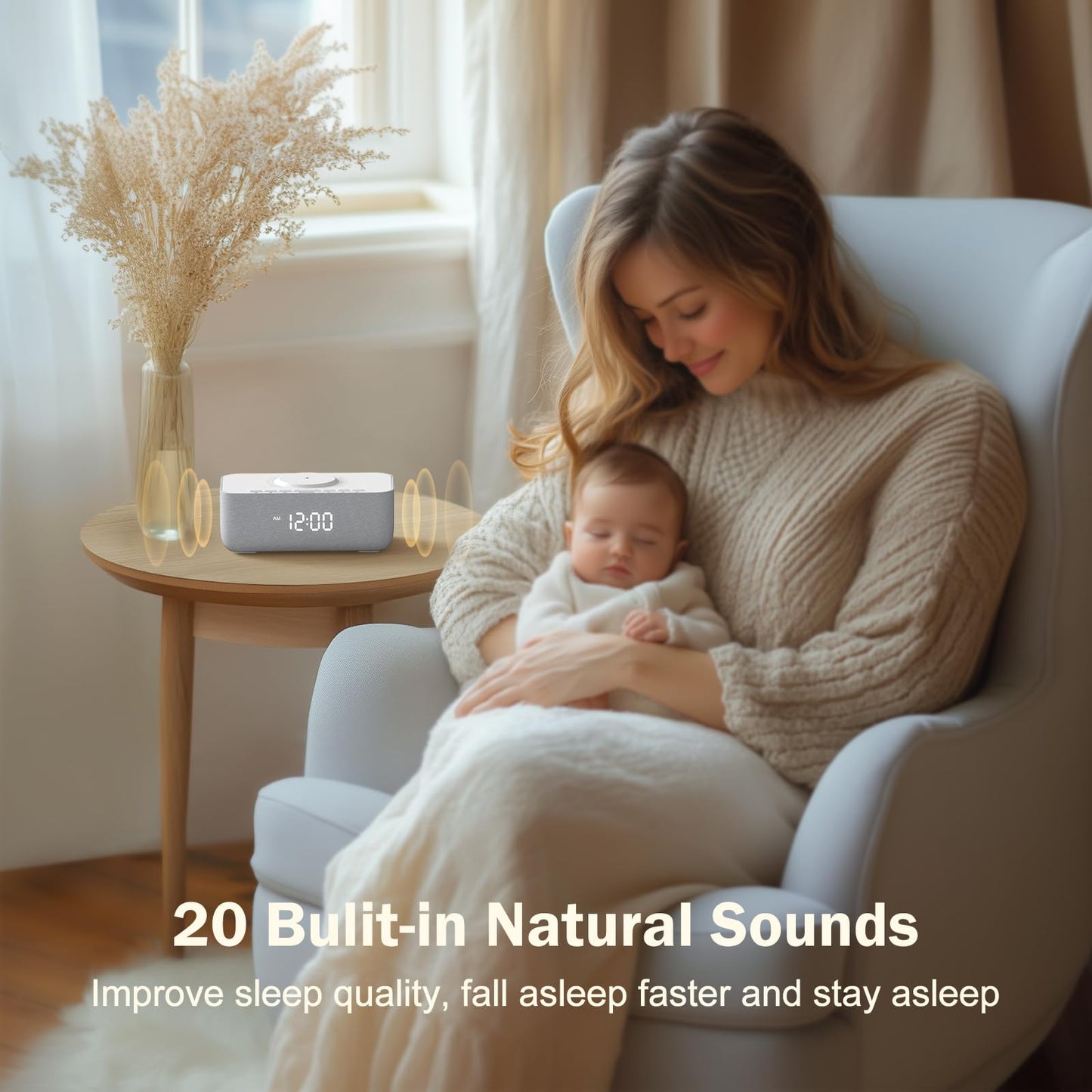 REACHER 15W Fast Wireless Charging Alarm Clock with White Noise Machine │ 20 High-Fidelity Sleep Sounds │ Gradual Wake & Unlimited Snooze │ 0–100% Dimmable Digital Clock for Bedroom & Office
