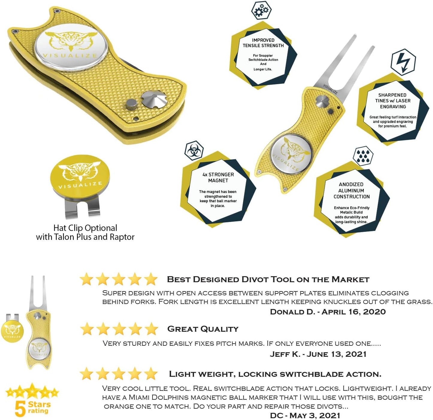 VISUALIZE Elite Switchblade Golf Divot Repair Tool Set with Ball Marker - Sturdy Anodized Aluminum - Perfect Golf Accessory Gift