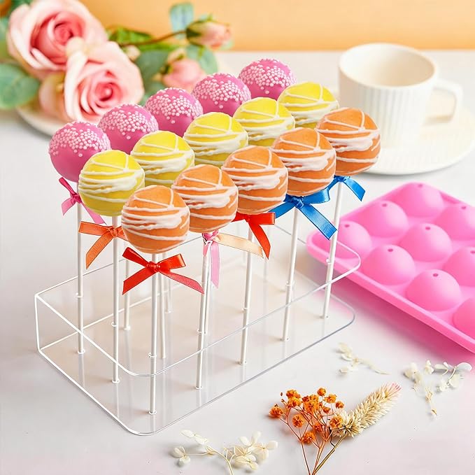 Kucoele Cake Pop Mold Set, Including 15 Hole Clear Acrylic Lollipop Display Stand Holder, 12 Cavity Pink Silicone Cake Pop Mold, Cake Pop Sticks Treats Bags and Twist Ties