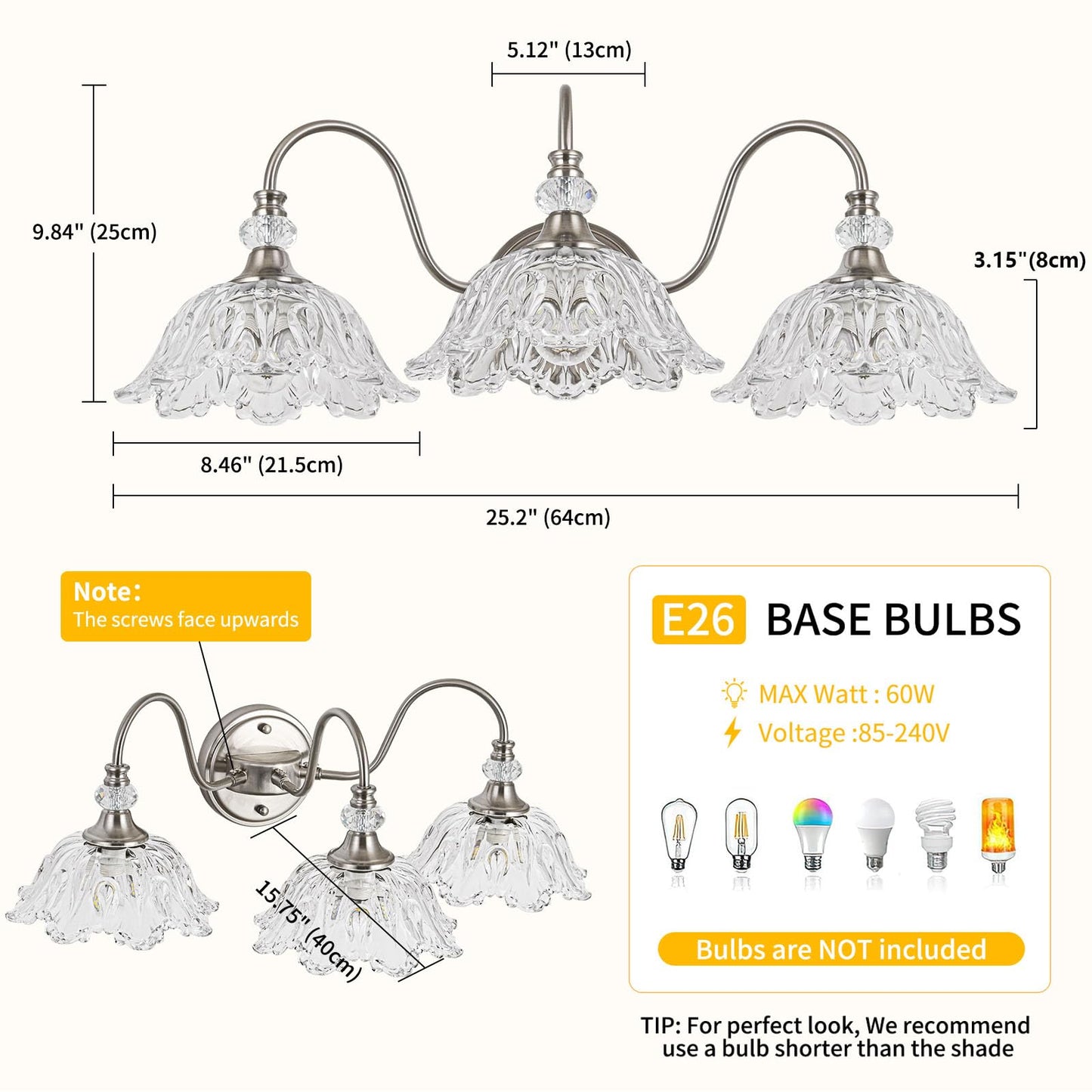Brushed Nickel 3-Light Bathroom Vanity Light With Floral Clear Glass Shades  Brushed Nickel Wall Mount Lighting For Bathroom  Dressing Table