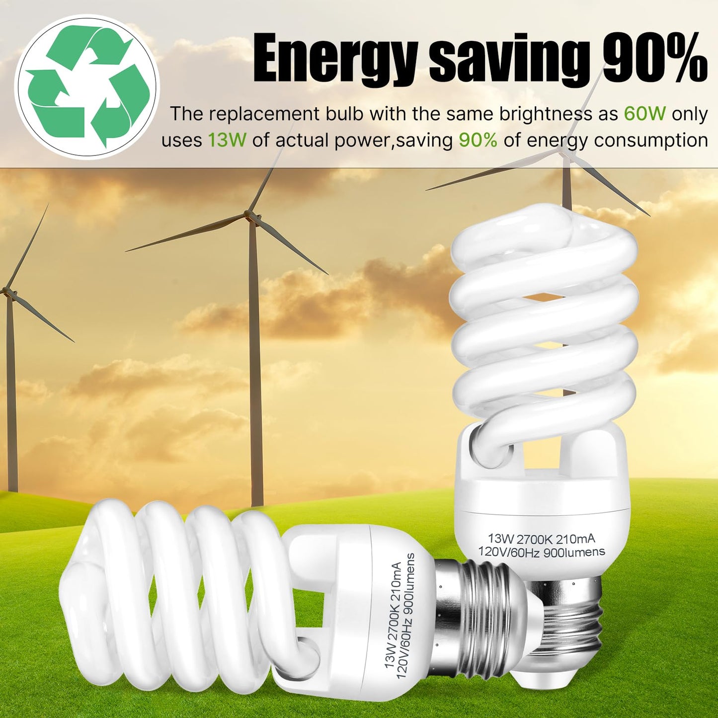 Barfelty CFL Light Bulbs E26 Base, T2 Spiral 13Watt (60Watt Equivalent) Soft White 2700K 900lm Compact Fluorescent Light Bulbs, UL Approved, 120v 60Hz, Self Ballasted CFL Bulbs, Pack of 2