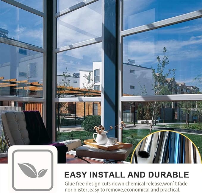Filmgoo Window Privacy Film One Way Daytime Mirror Tint Treatments UV Heat Control Vinyl Stickers Sun Block Glass Paper Door Covering Reflective 35.4 Inch x 13.1 Feet Silver