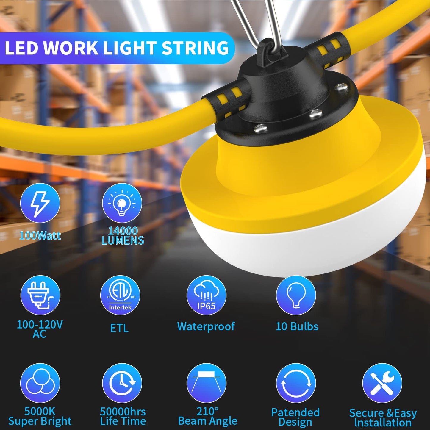 Muasdae 100FT LED Construction String Lights, Yellow, 2 Prong, Durable for Outdoor Use, Free Climbing Hook Included