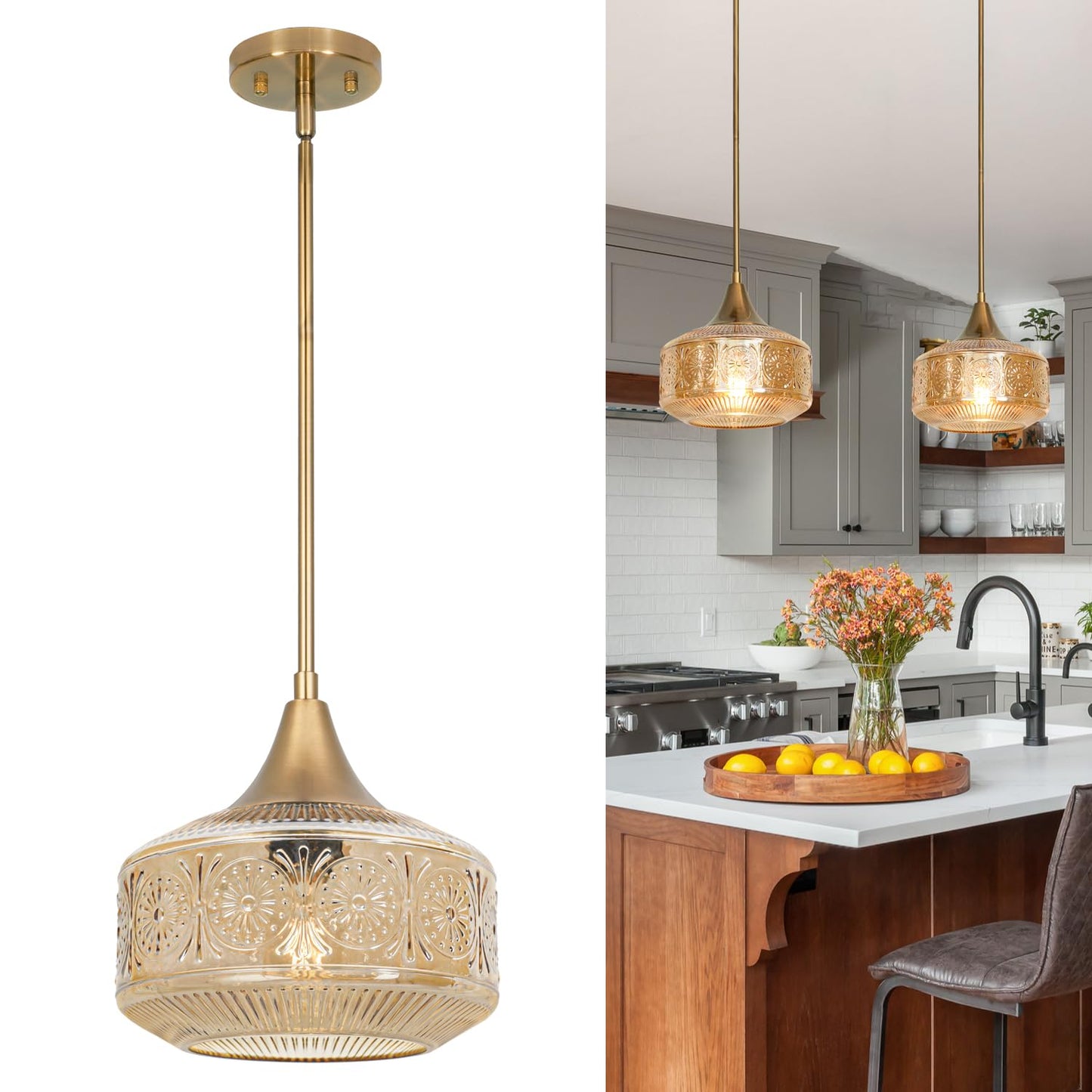 Retro Gold Pendant Lights Kitchen Island Lighting Fixture  Glass Pendant Light Large Brass With Large Thickened Amber Glass Shade  Classic Globe Pendant Light. Adjustable Hanging Light For Home Decor