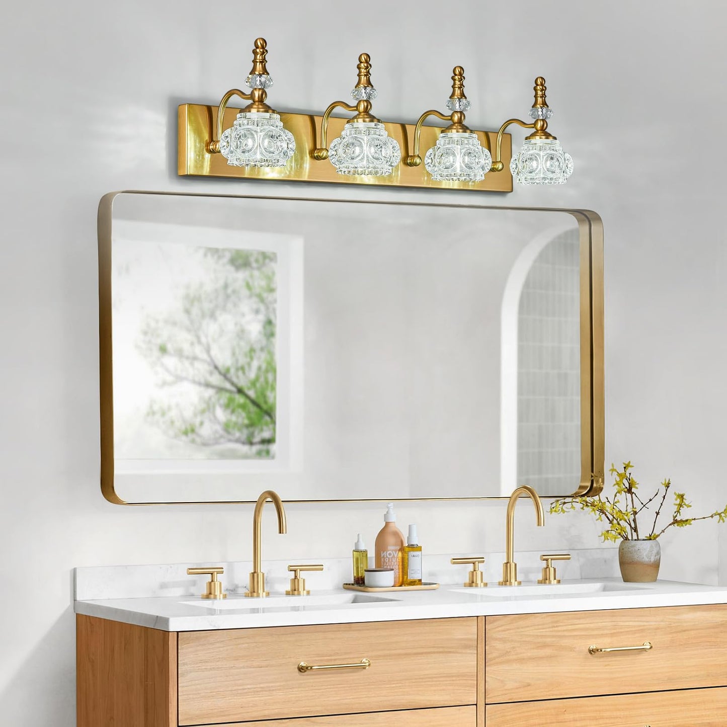Lbsqj Modern Glass Crystal Vanity Light - Vintage Bathroom Lighting Fixtures Over Mirror  4 Light Vanity Lights G9 Bulb (27.55 Inch  Gold)
