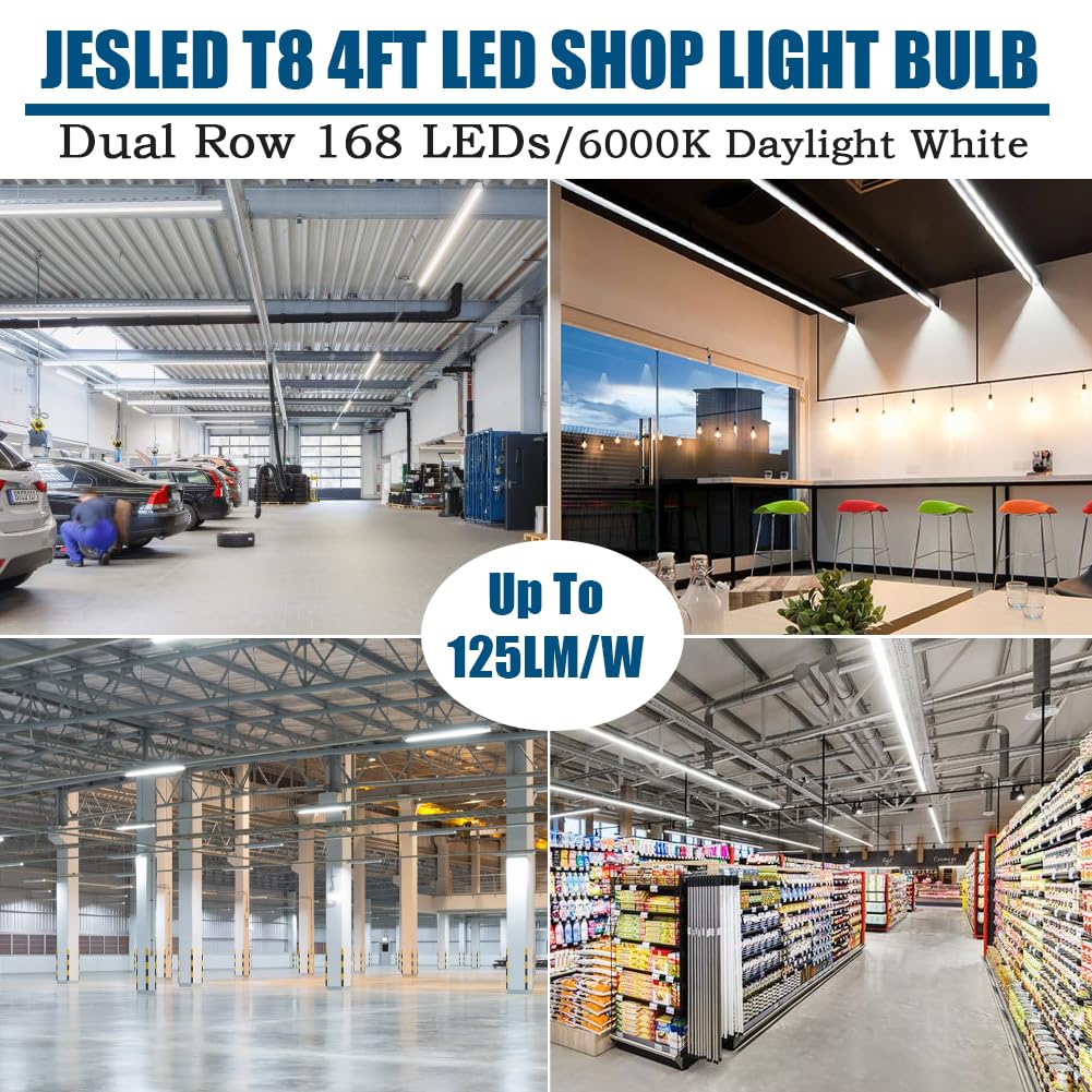 JESLED T8 LED Light Bulbs, 24W, 3000LM, 6000K Bright White, 4FT, Aluminum+PC, Dual-Ended, 4-Pack