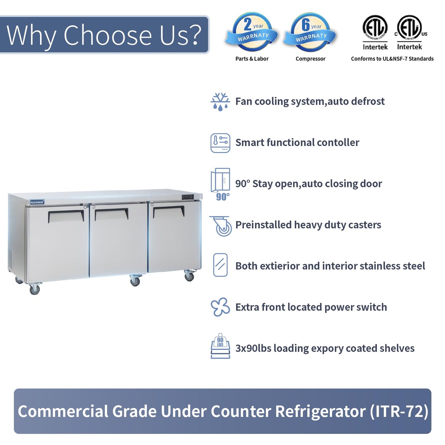 ICECASA 72" W Commercial Refrigerator Worktop Undercounter Refrigerator Three Door Stainless Steel Counter Fan Cooling Refrigerator 20 Cu.ft for Restaurant, Bar, Shop, etc