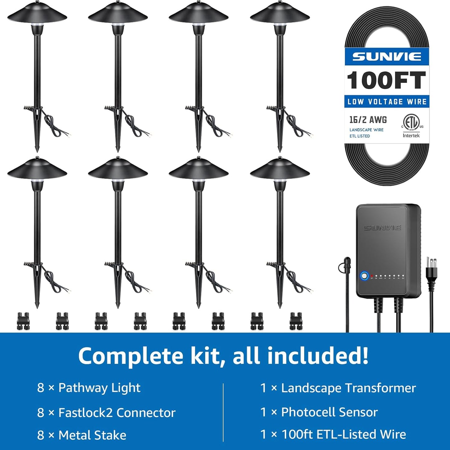 SUNVIE All-in-One LED Pathway Lighting Kit, 8-Pack Low Voltage Landscape Lights with Transformer and 100FT 16/2 AWG Wire, 3000K Waterproof Landscape Lighting with Connectors for Walkway Garden Yard