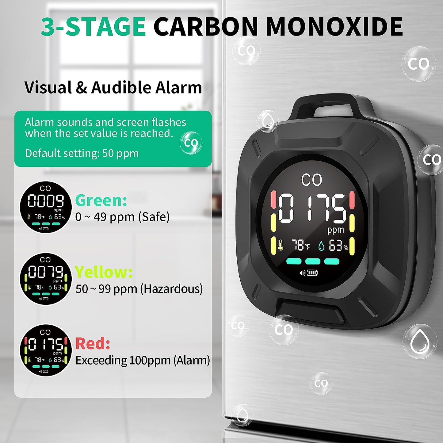 Carbon Monoxide Detectors, 3-in-1 CO Detector Portable Carbon Monoxide Detector with Magnetic Suction, Travel Carbon Monoxide Detector with Temp and humi Sensor, Rechargeable Battery for 480H Standby