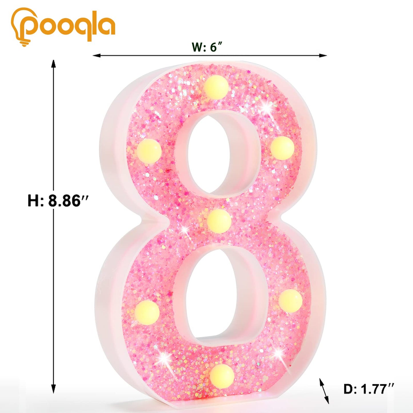 Pooqla Marquee Lighted Number 8, Pink LED Glitter Decoration for Birthday, Wedding, Christmas, Battery Powered