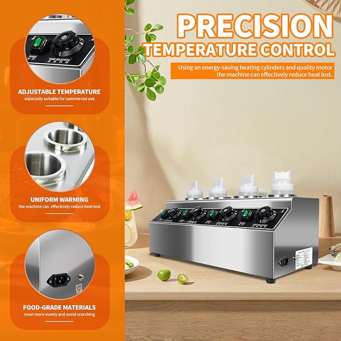 Commercial Electric Cheese Sauce Warmer Dispenser,0.68x4 Qt Hot Chocolate Nacho Cheese 86-185℉ Heater Hot Fudge with Bottles Adjustable