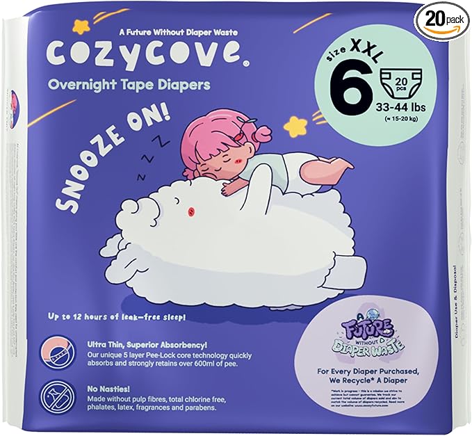 Cozycove Size 6 Diapers, Snooze On Slim Overnight Tape Diapers, Size 6 (33-44 lbs), 1 Pack of 20 Count