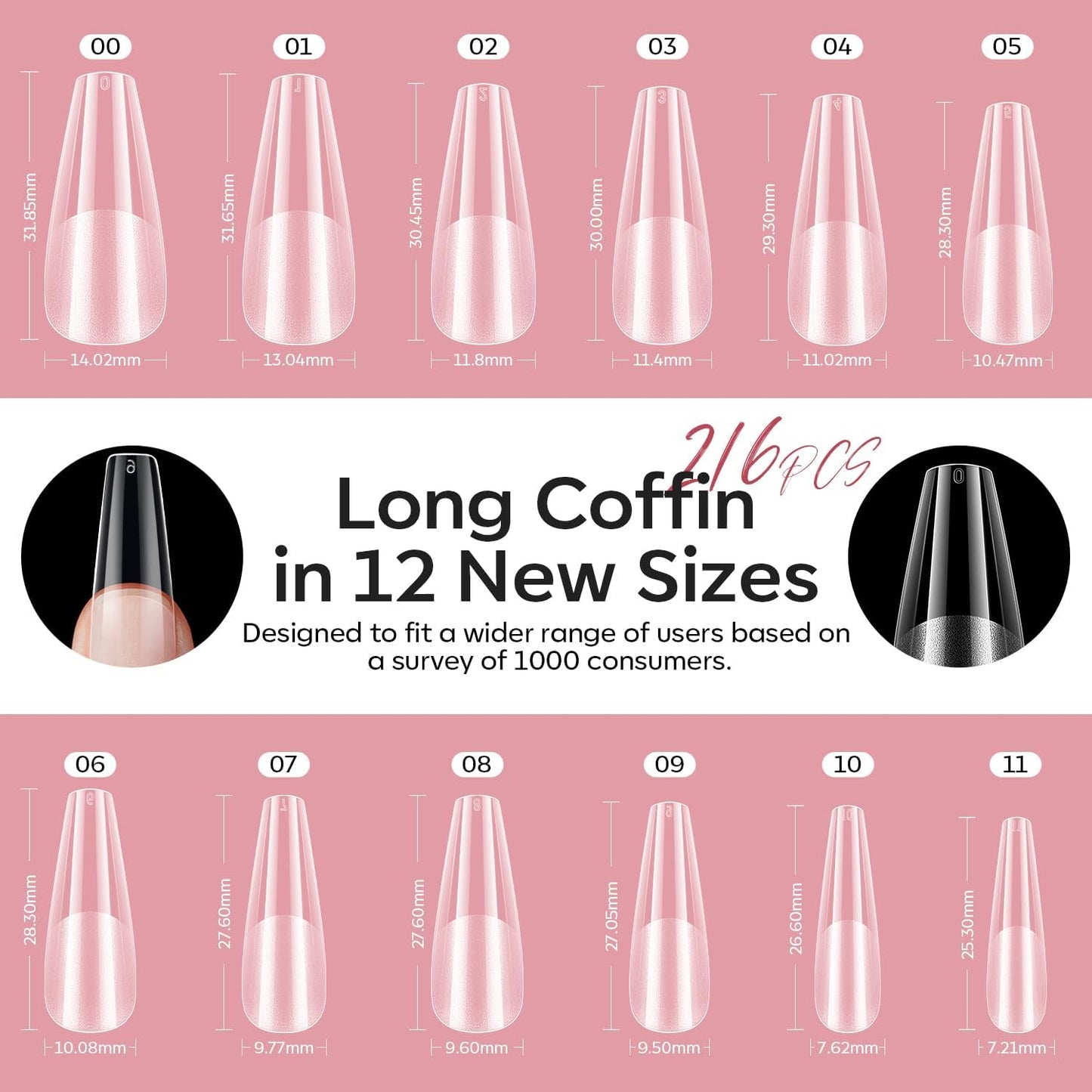 modelones Gel Nail Kit, Long Coffin Gel Nail Tips, 9-in-One Nail Glue & Portable U V Nail Lamp, 216Pcs 12Sizes Acrylic False Nai