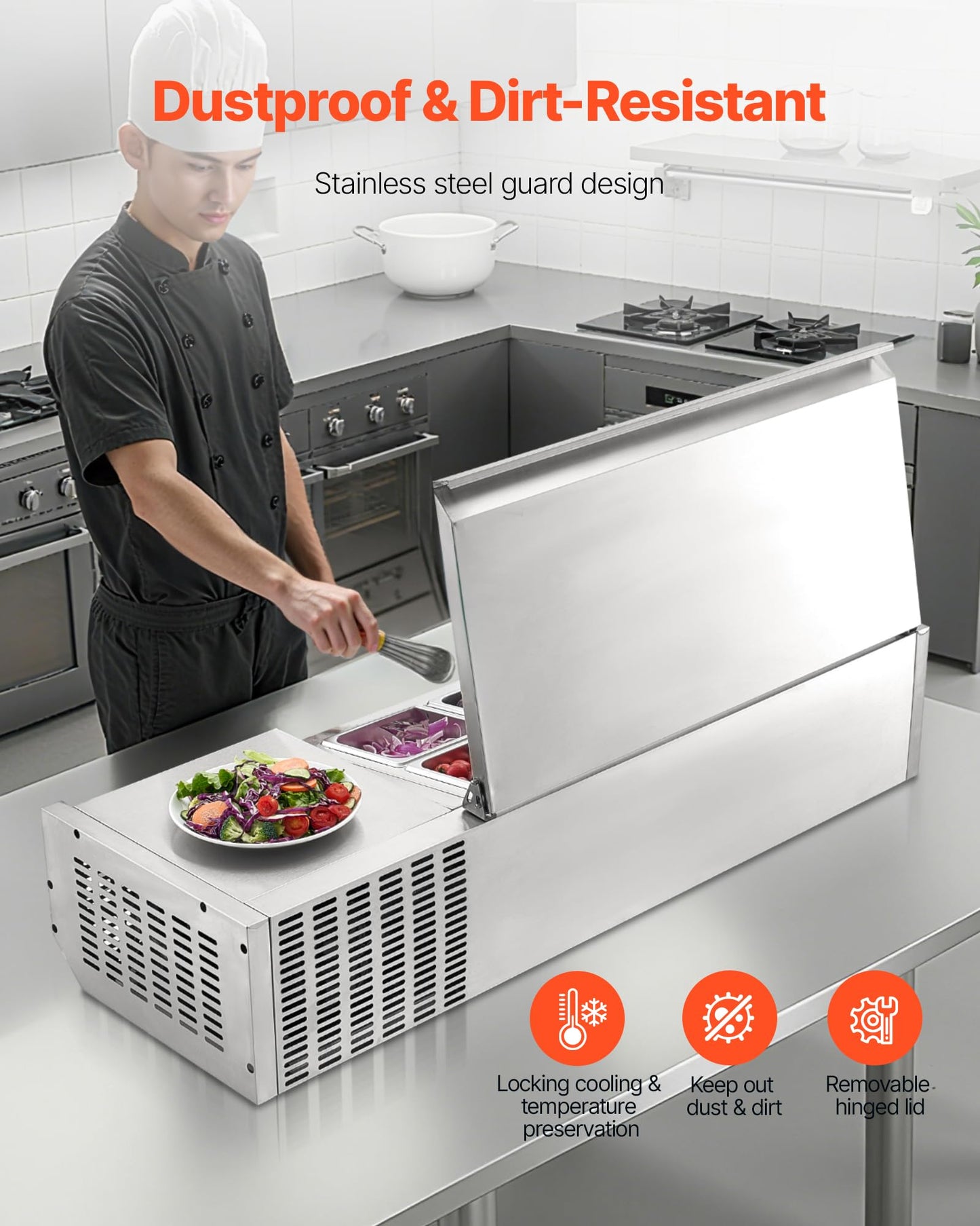 VEVOR Refrigerated Condiment Prep Station, 130 W Countertop Refrigerated Condiment Station, with Two 1/3 Pans & Four 1/6 Pans, 304 Stainless Body and PC Lid, Sandwich Prep Table with Stainless Guard