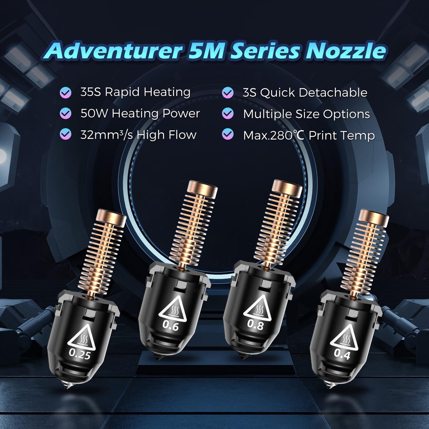 FLASHFORGE Adventurer 5M Nozzle, 0.4mm 280℃ High Flow 32mm³/s Nozzle for Stable High-Speed Printing, Adventurer 5M Pro Hotend, 3S Quick-Detachable Nozzle