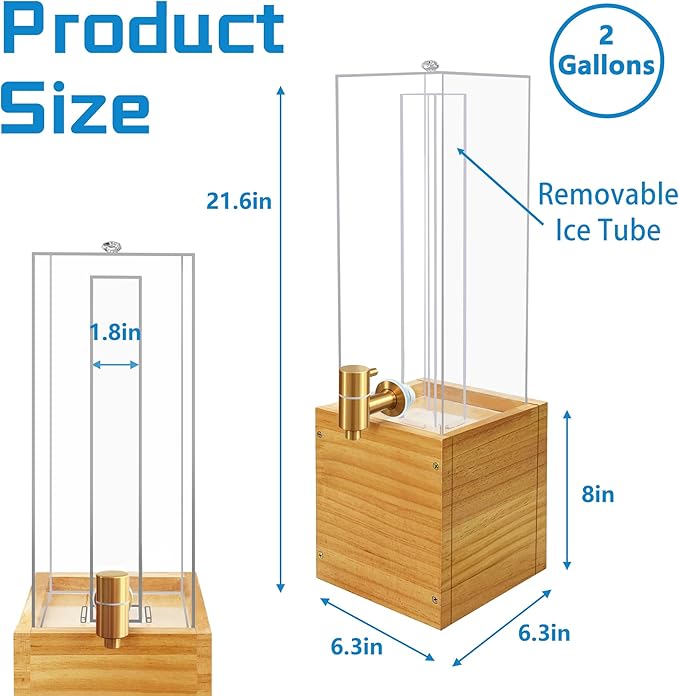 Beverage Dispenser with Stand, 2 Gallon Drink Dispenser, Drink Dispensers for Parties, Individual Ice Container (Wood)