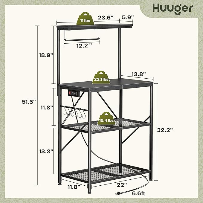 Huuger 4-Tier Bakers Rack with Reversible Power Outlet, 23.6 Inch Microwave Stand, Kitchen Bar, with Top Shelf, 6 S Hooks, Black