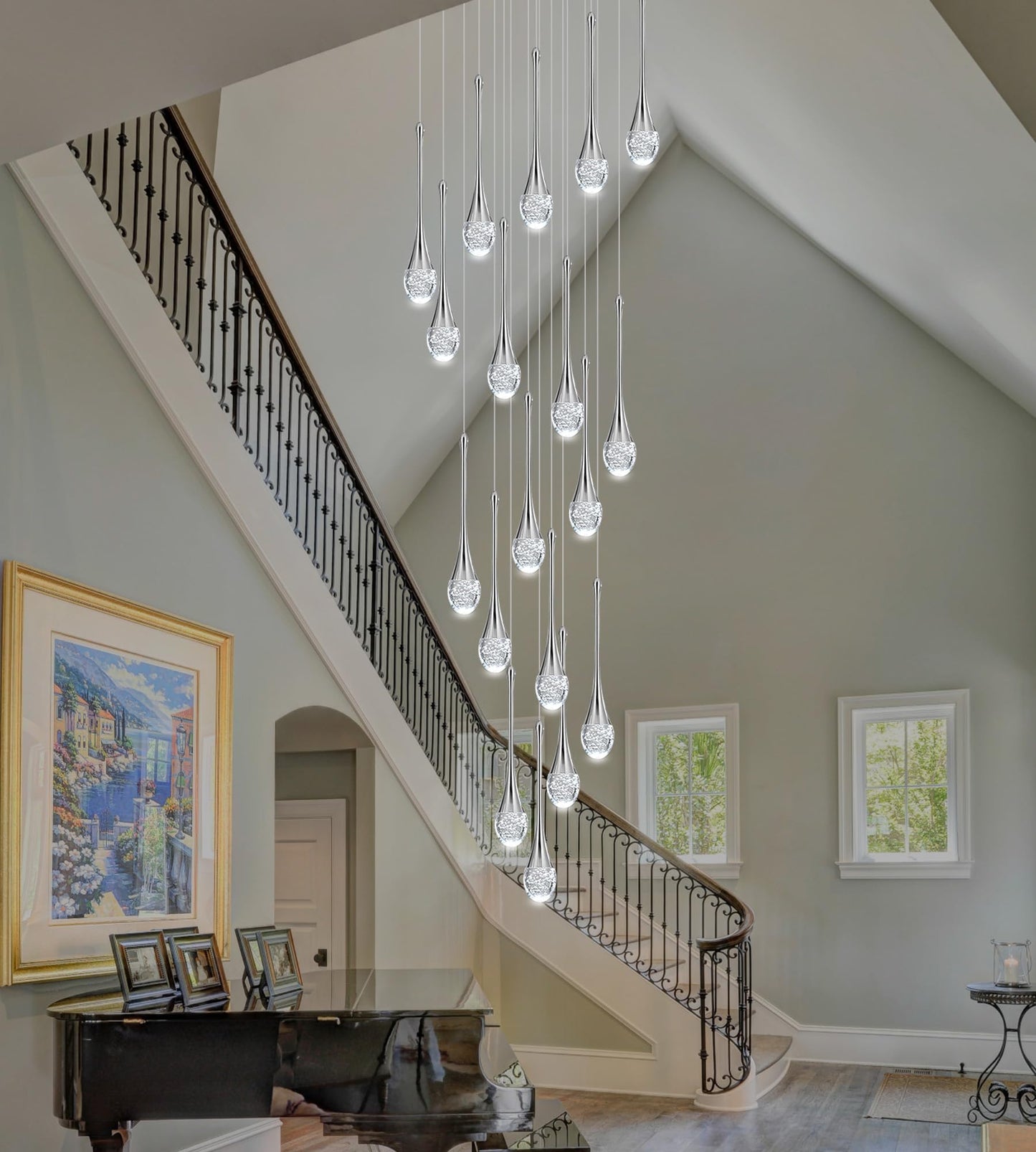Upfelw Modern Crystal Staircase Chandelier Polished Chrome 18-Lights  H118 Large High Ceiling Spiral Dimmable Led Raindrop Foyer Entryway Light Fixture Remote Control