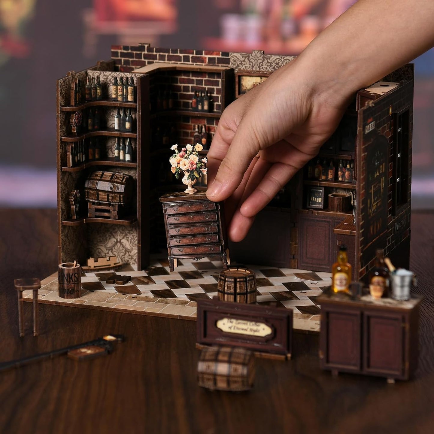 Book Nook Kit - DIY Miniature Dolls House Kit with Furniture and LED Light, 3D Puzzle Wooden Art Bookends, Model Kits for for Adults and Teens (Corner Tavern)
