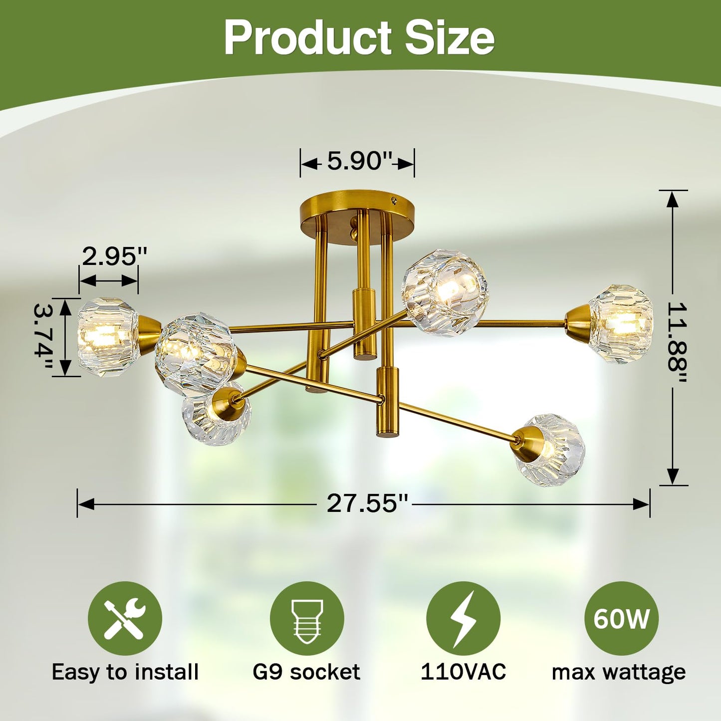 Szxykeji 6-Lights Glass Sputnik Chandelier Vintage Flush Mount Ceiling Light Fixture Gold Farmhouse Lighting For Dining Room Living Room Bedroom Kitchen Passageway.