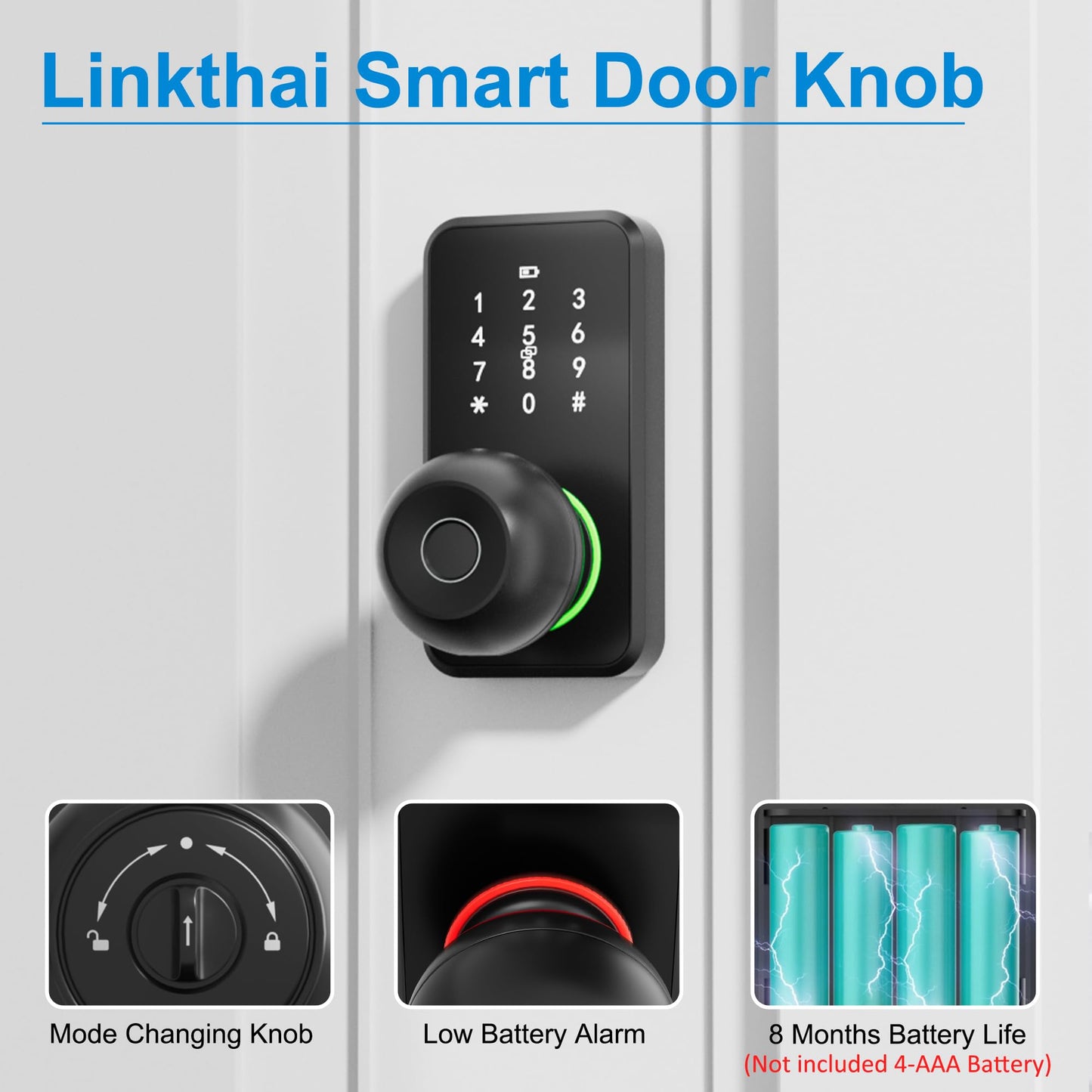 Smart Door Lock with Knob, LinkThai Keyless Entry Fingerprint Lock with Touchscreen Keypad, Electronic Knob Digital Lock for Front Door, Easy Installation