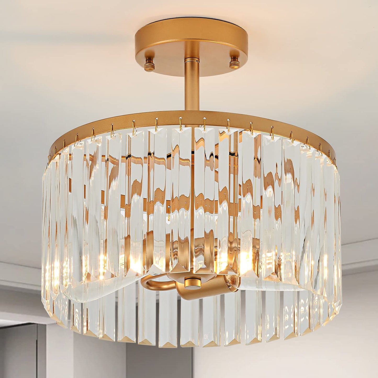 Lighceac 12 Gold Semi Flush Mount Crystal Ceiling Light Fixtures For Kitchen Modern Industrial 2-Light Small Chandeliers Lighting For Bedroom Entryway Hallway Living Dining Room Foyer