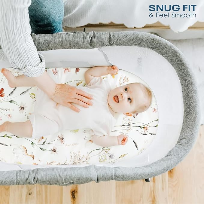 GRSSDER Ultra Soft Bassinet Sheets 2 Pack, Stretchy Breathable Knit Bassinet Mattress Sheets for Baby, Universal Fitted Baby Cradle Moses Basket Oval Rectangle Pads Safe and Snug, Stylish Flora