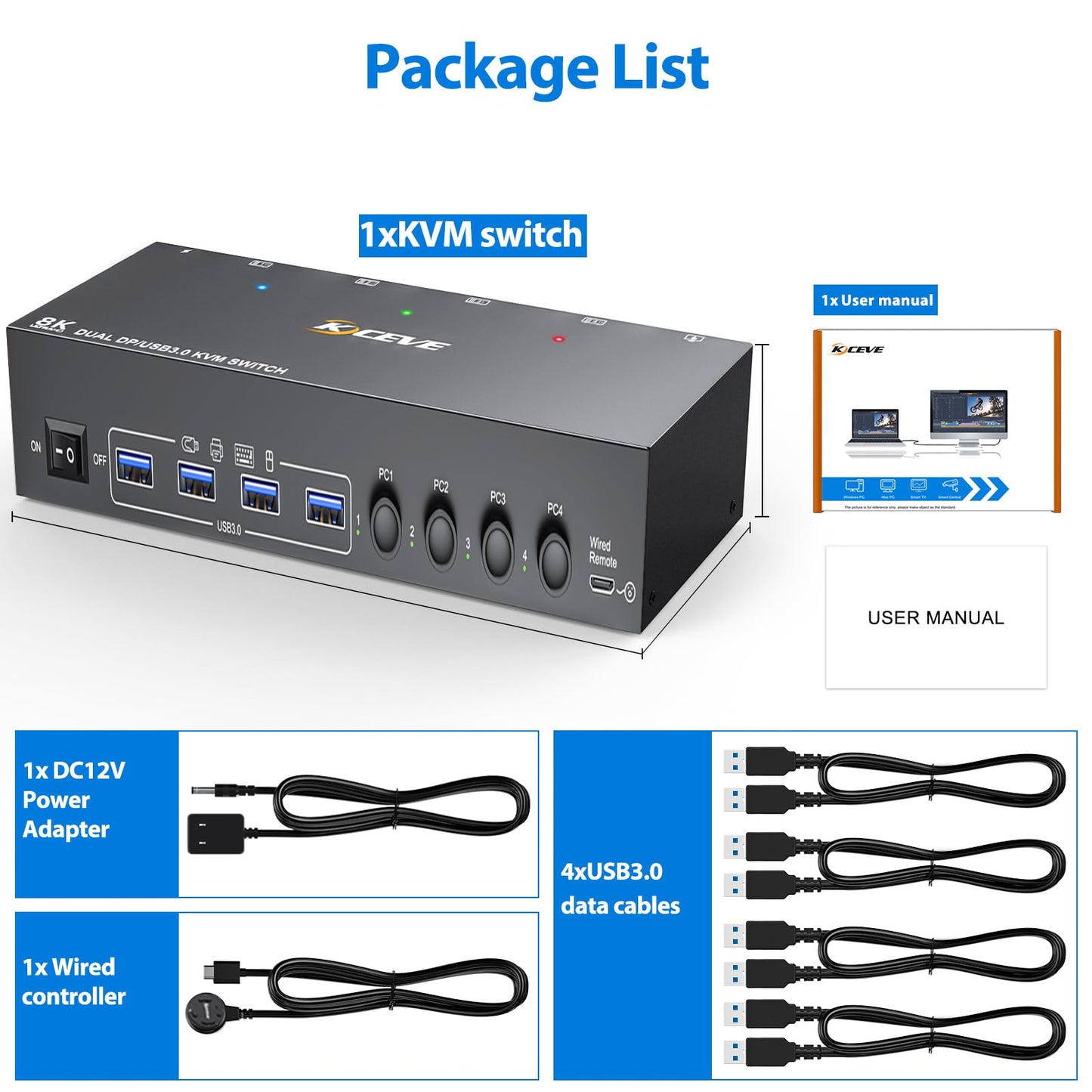 KVM Switch 2 Monitors 4 Computers HDMI + DisplayPort, KCEVE USB 3.0 DP KVM Switcher, 8K@30Hz/4k@144Hz DP KVM for 4 PC Share 2 Display and 4 USB 3.0 Devices