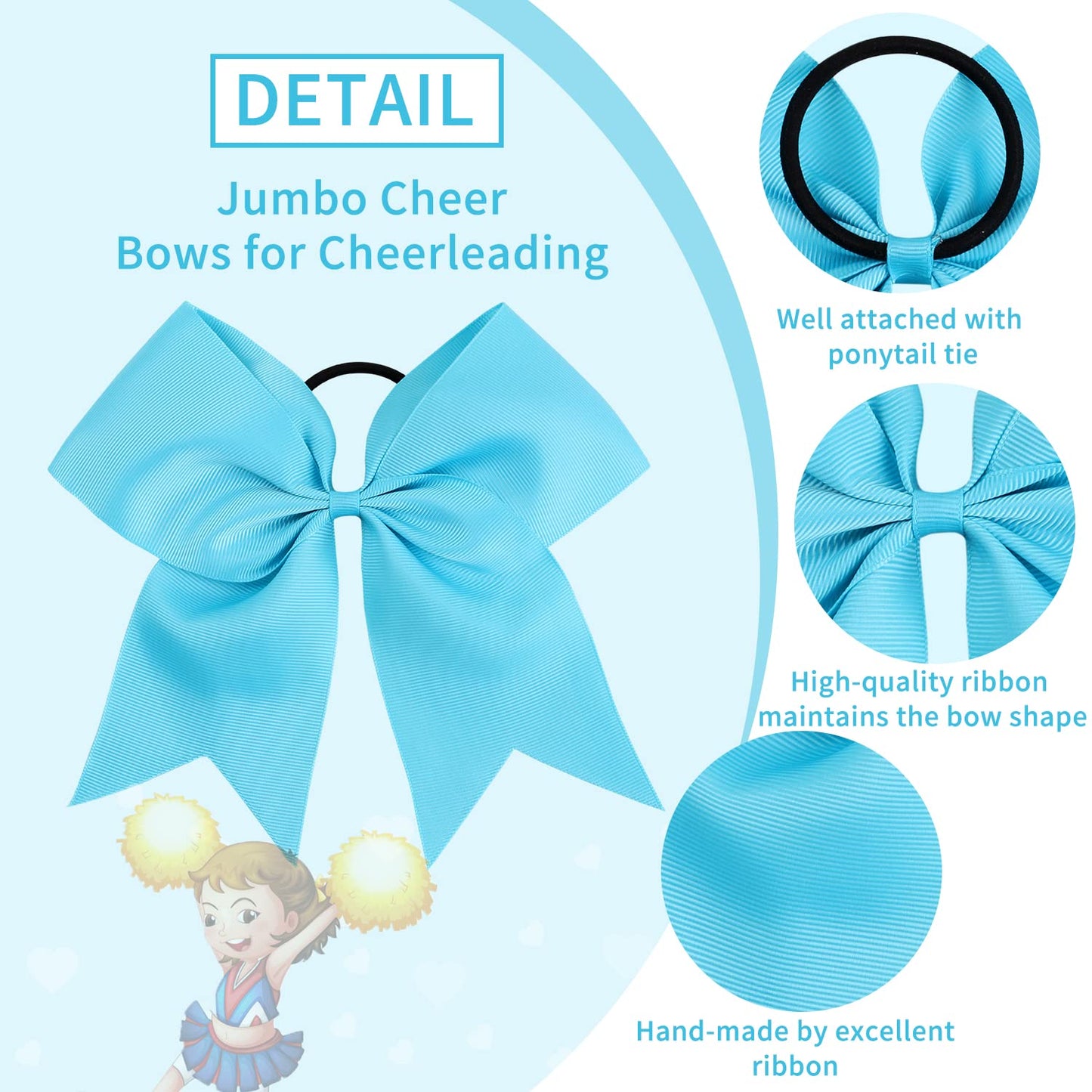 16PCS 8 Large Cheer Hair Bows Ponytail Holder Elastic Band Handmade for Cheerleading Teen Girls College Sports (Sky Blue, 1 Coun