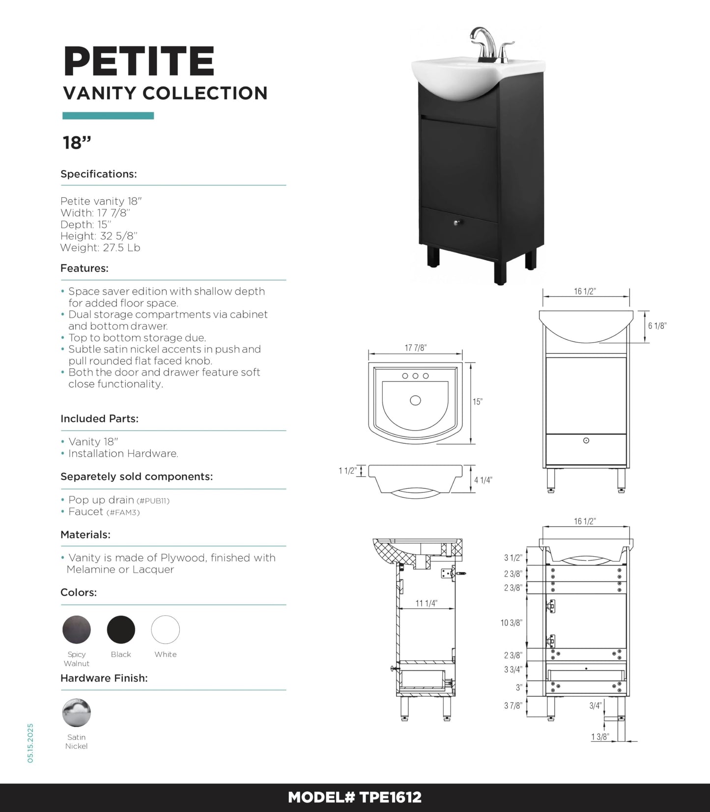 Fine Fixtures Petite 18 Inch Bathroom Vanity with Sink, Small Freestanding Bathroom Cabinet, Space-Saving Vanity Sink Combo Design, Dual Storage, Satin White