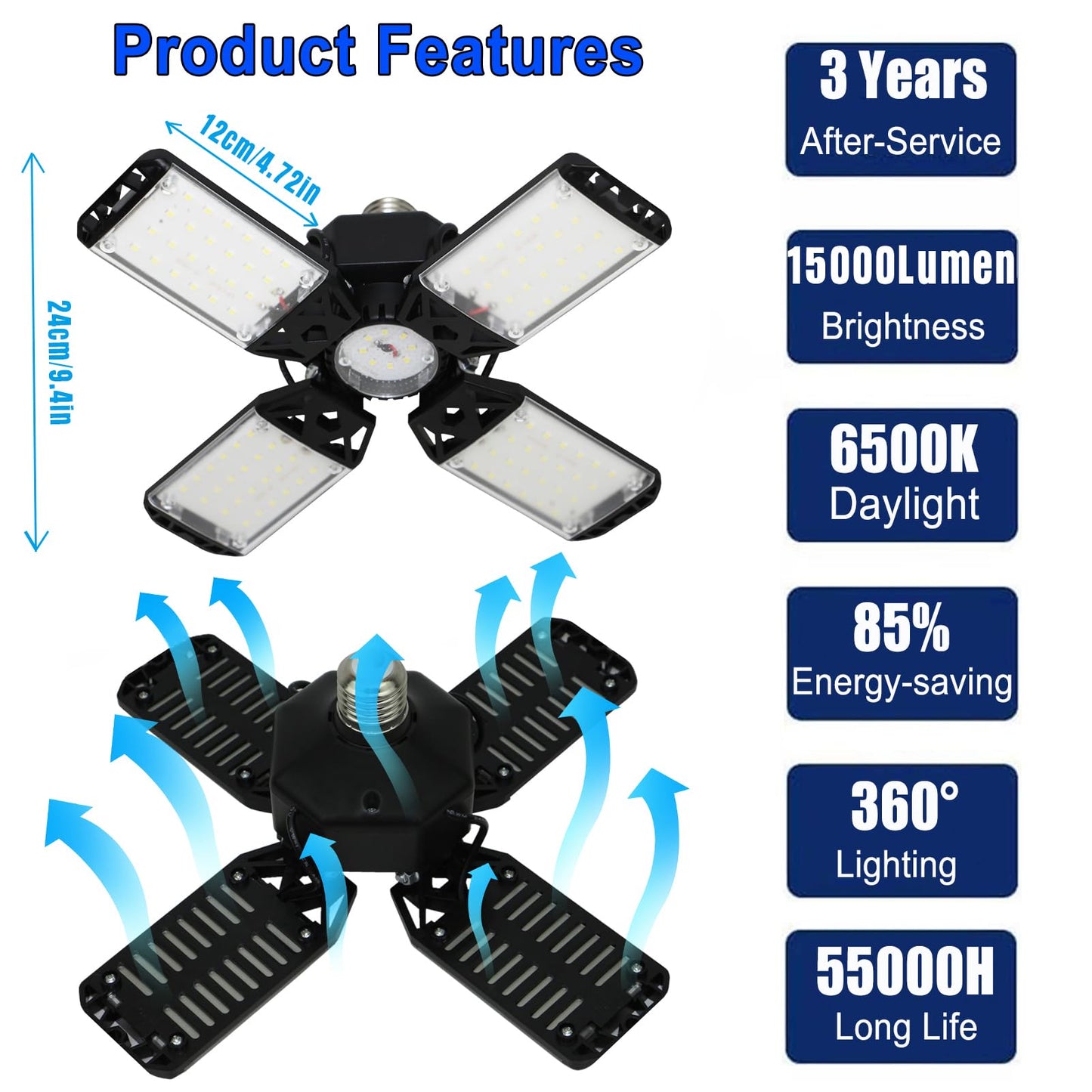 Meiqils 150W LED Garage Light 2-Pack, 15000 Lumen, 4+1 Adjustable Panels, 6500K Daylight, Black, Acrylonitrile Butad